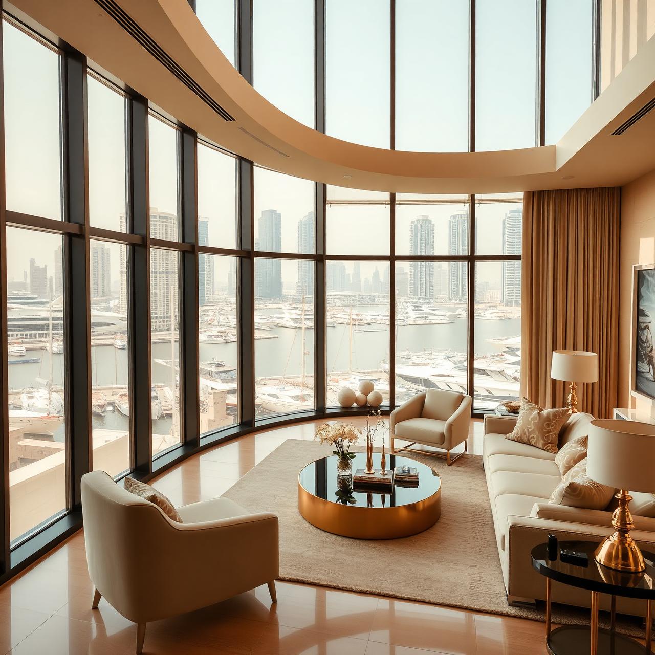 Luxury Dubai Marina apartment interior with floor-to-ceiling views