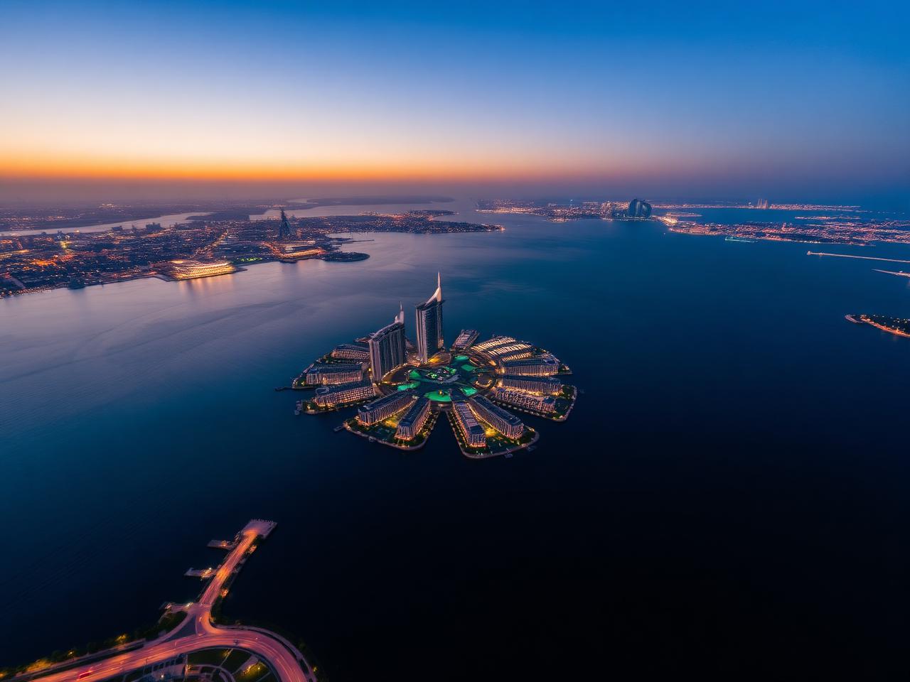 Aerial view of Palm Jumeirah at twilight